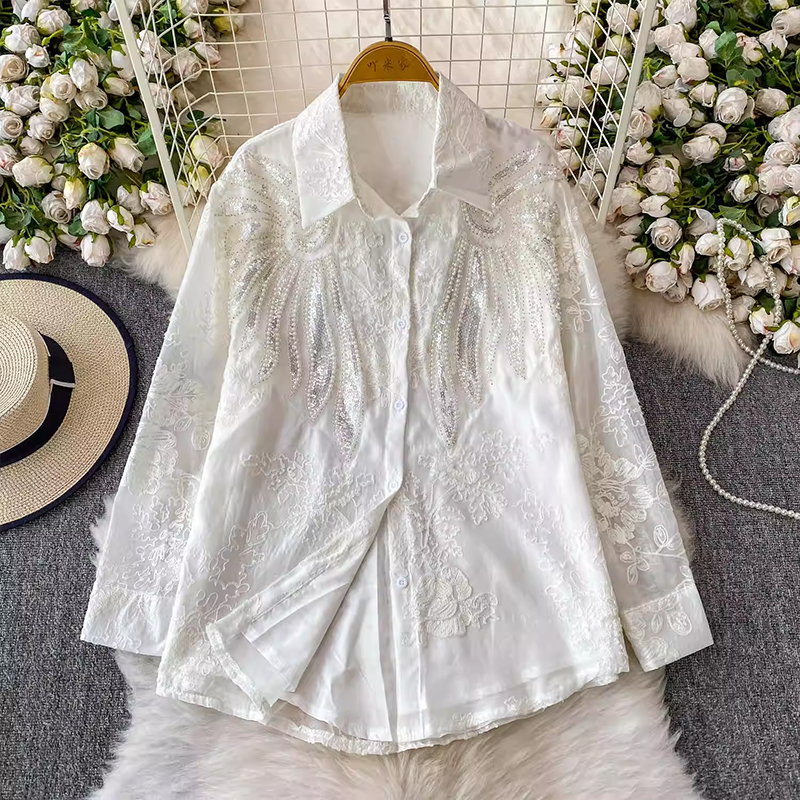 重工釘珠亮片刺繡翻領襯衫少女秋季洋氣減齡初戀襯衣法式復古上衣
