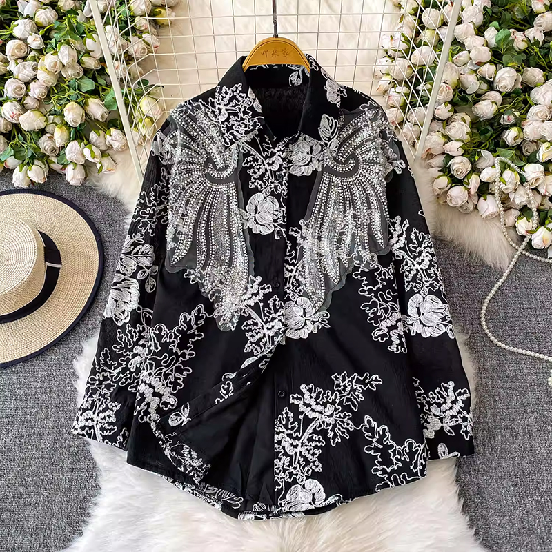 重工釘珠亮片刺繡翻領襯衫少女秋季洋氣減齡初戀襯衣法式復古上衣