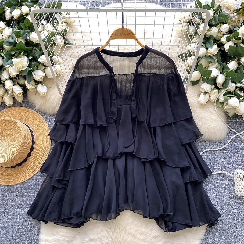 歐美復古高級感網紗襯衫女秋季荷葉邊寬松遮肉御姐氣質別致上衣潮