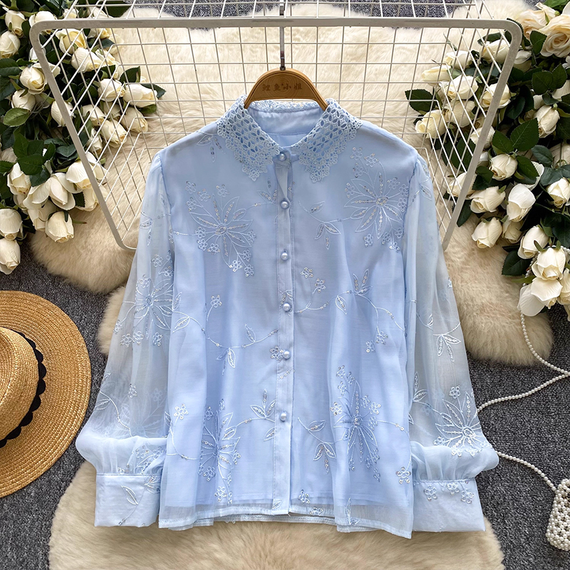 法式蕾絲polo領長袖襯衫女輕奢重工亮片刺繡單排扣休閑顯瘦上衣女