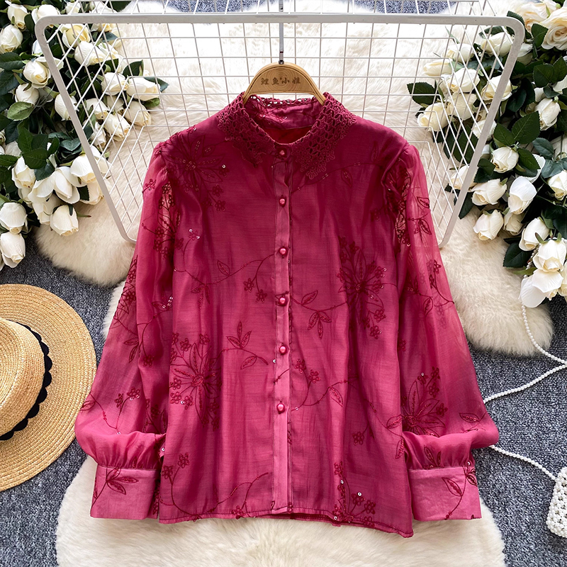 法式蕾絲polo領長袖襯衫女輕奢重工亮片刺繡單排扣休閑顯瘦上衣女