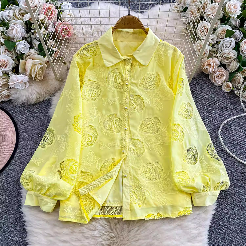 法式重工鏤空刺繡翻領燈籠袖襯衫女秋季襯衣溫柔粉色洋氣減齡上衣