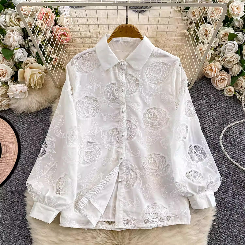 法式重工鏤空刺繡翻領燈籠袖襯衫女秋季襯衣溫柔粉色洋氣減齡上衣