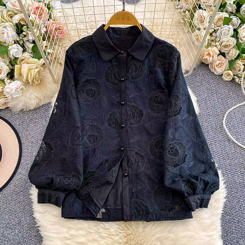 法式重工鏤空刺繡翻領燈籠袖襯衫女秋季襯衣溫柔粉色洋氣減齡上衣