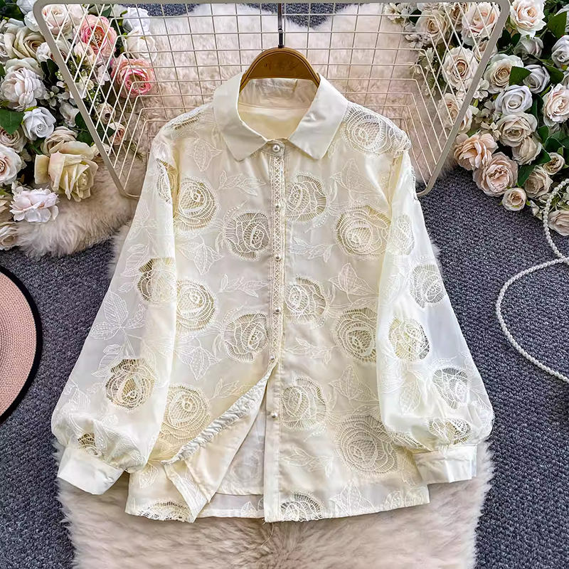法式重工鏤空刺繡翻領燈籠袖襯衫女秋季襯衣溫柔粉色洋氣減齡上衣