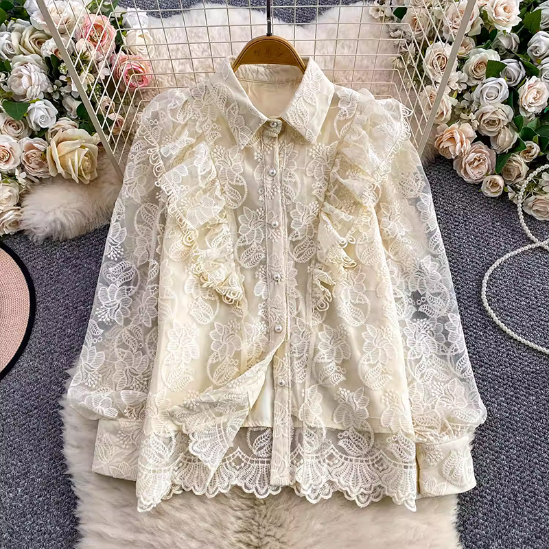 法式重工蕾絲刺繡翻領燈籠袖襯衫女秋季溫柔粉色薄紗減齡顯瘦上衣