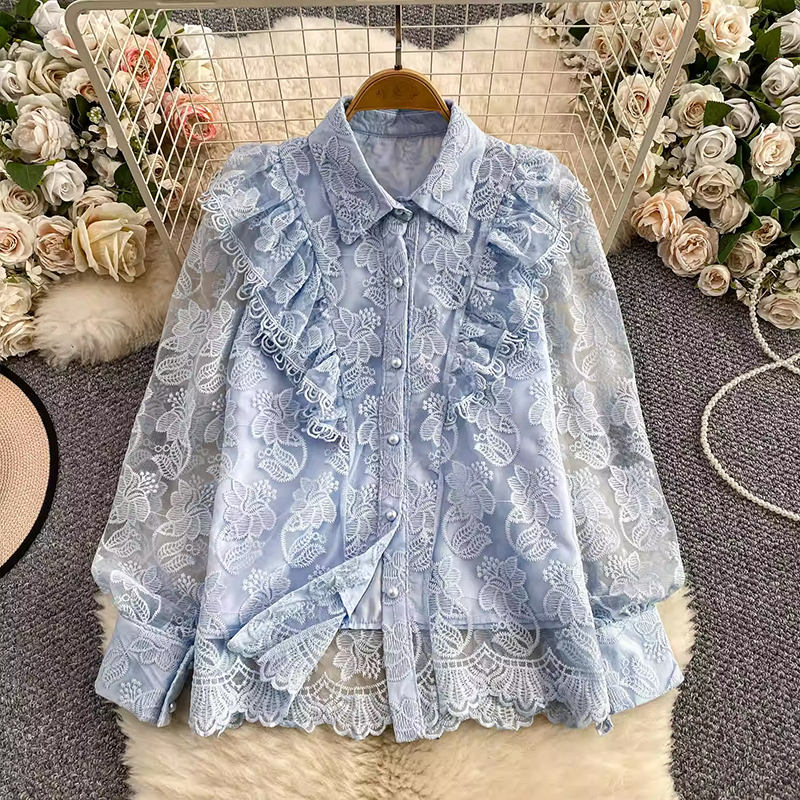 法式重工蕾絲刺繡翻領燈籠袖襯衫女秋季溫柔粉色薄紗減齡顯瘦上衣