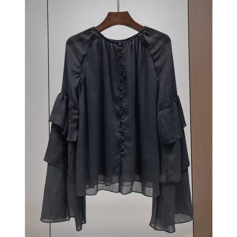 法式荷葉邊拼接紫色襯衫女2025新款設計感減齡百搭寬松喇叭袖上衣