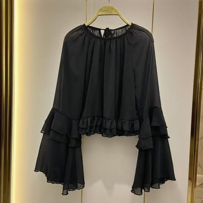 溫柔風氣質喇叭袖襯衫女2025秋季寬松荷葉邊拼接薄款罩衫上衣