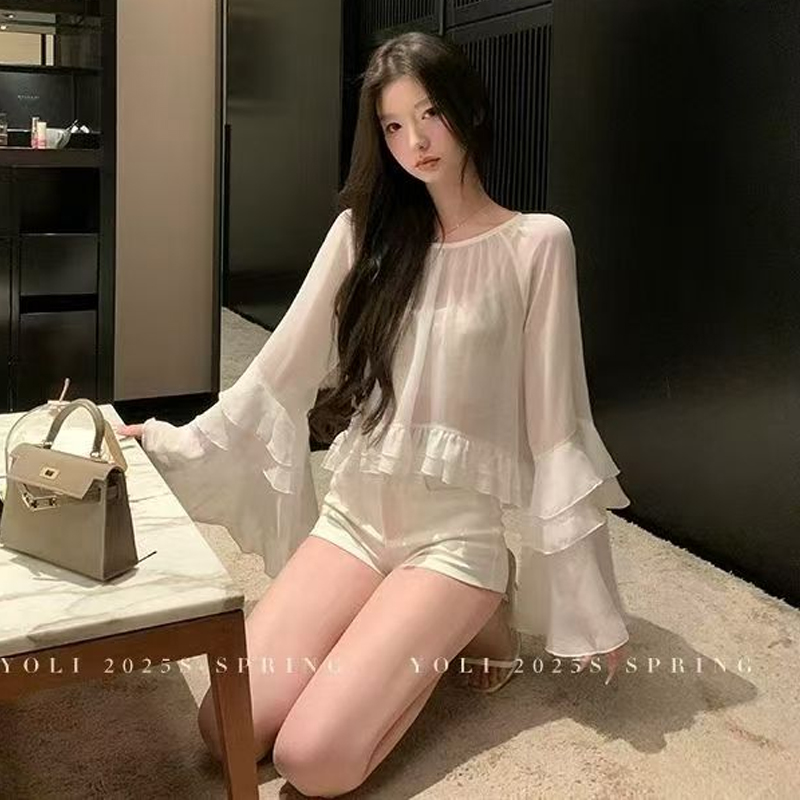 溫柔風氣質喇叭袖襯衫女2025秋季寬松荷葉邊拼接薄款罩衫上衣