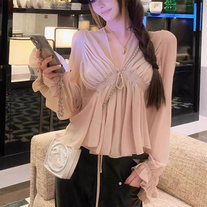法式氣質V領褶皺綁帶收腰襯衫女秋設計感長袖修身上衣