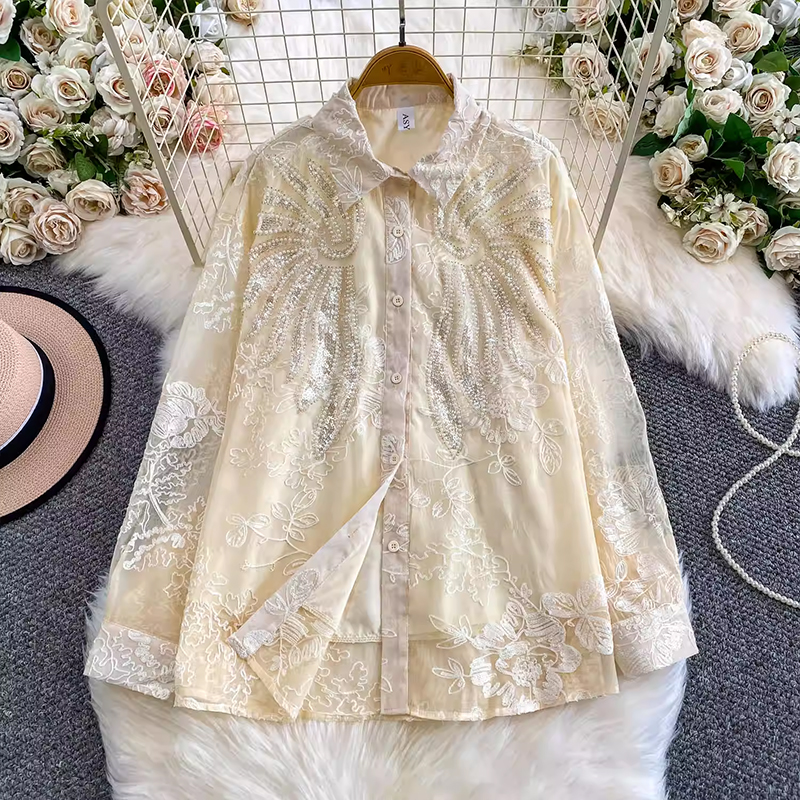 超仙氣絕美輕奢重工網紗刺繡釘珠翻領襯衫女寬松顯瘦減齡法式上衣