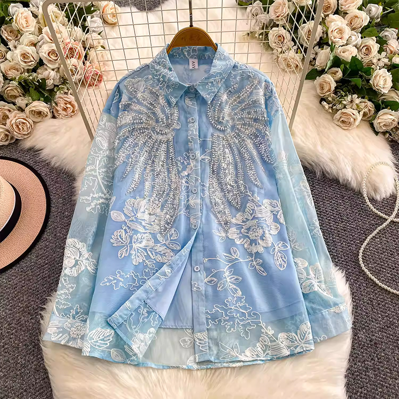 超仙氣絕美輕奢重工網紗刺繡釘珠翻領襯衫女寬松顯瘦減齡法式上衣