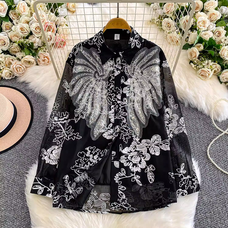 超仙氣絕美輕奢重工網紗刺繡釘珠翻領襯衫女寬松顯瘦減齡法式上衣
