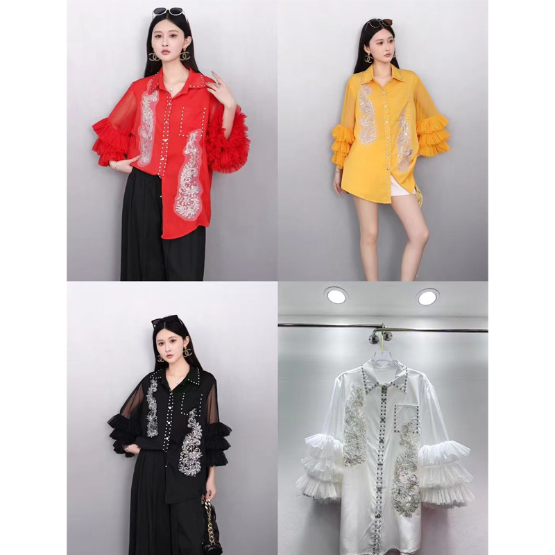 小眾設計感2025秋新款女襯衫寬松大碼重工釘鉆上衣洋氣時尚舒適潮