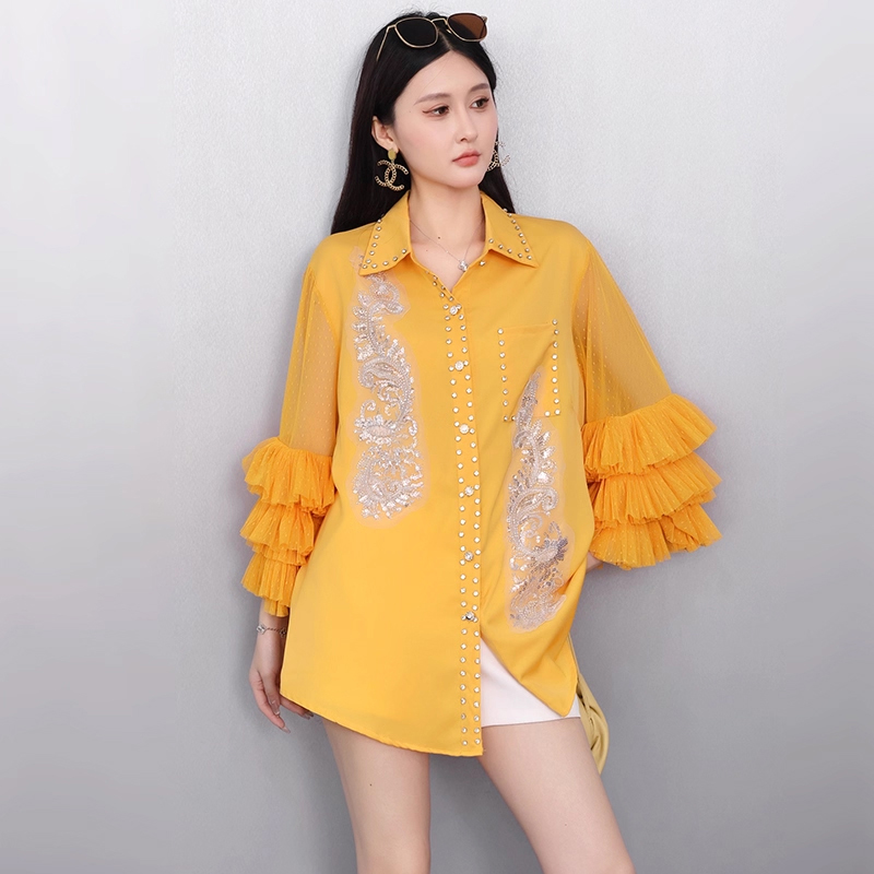 小眾設計感2025秋新款女襯衫寬松大碼重工釘鉆上衣洋氣時尚舒適潮