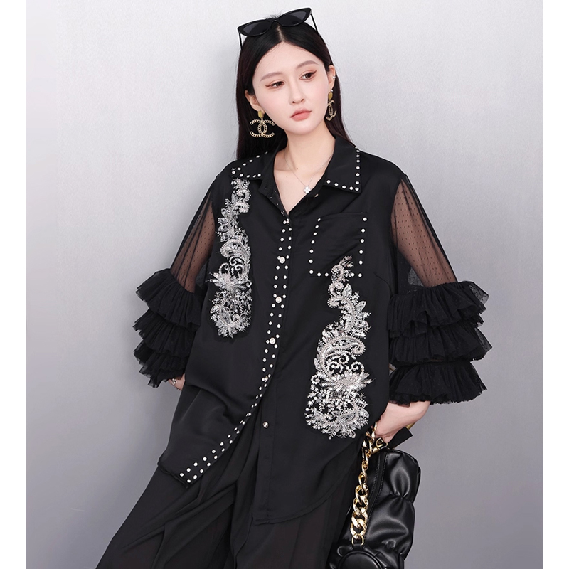 小眾設計感2025秋新款女襯衫寬松大碼重工釘鉆上衣洋氣時尚舒適潮
