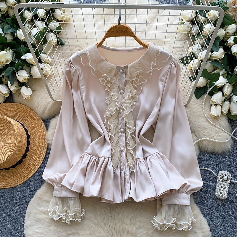 仙女上衣2025夏季慵懶風氣質名媛荷葉邊拼接喇叭袖雪紡衫寬松襯衫