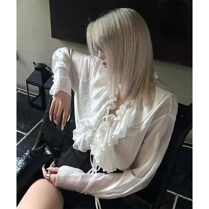 復古宮廷風長袖襯衫女秋季荷葉邊系帶領寬松設計輕熟氣質御姐上衣