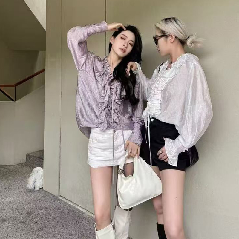 復古宮廷風長袖襯衫女秋季荷葉邊系帶領寬松設計輕熟氣質御姐上衣