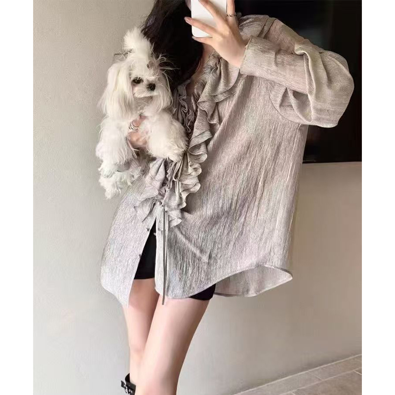 復古宮廷風長袖襯衫女秋季荷葉邊系帶領寬松設計輕熟氣質御姐上衣