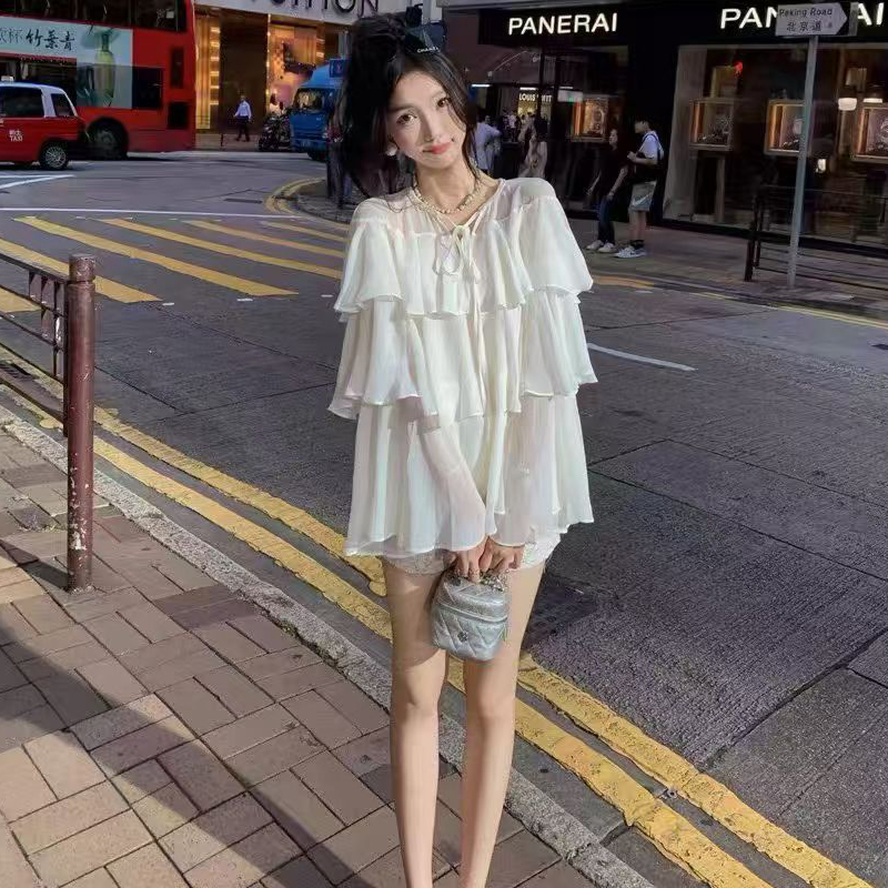 歐美復古高級感網紗襯衫女秋季荷葉邊寬松遮肉御姐氣質別致上衣潮