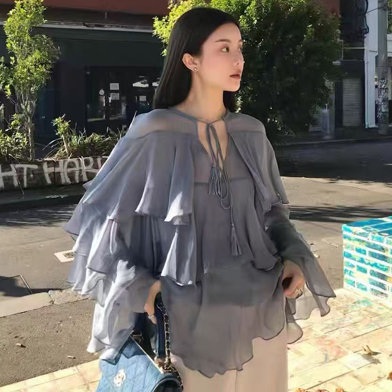 歐美復古高級感網紗襯衫女秋季荷葉邊寬松遮肉御姐氣質別致上衣潮