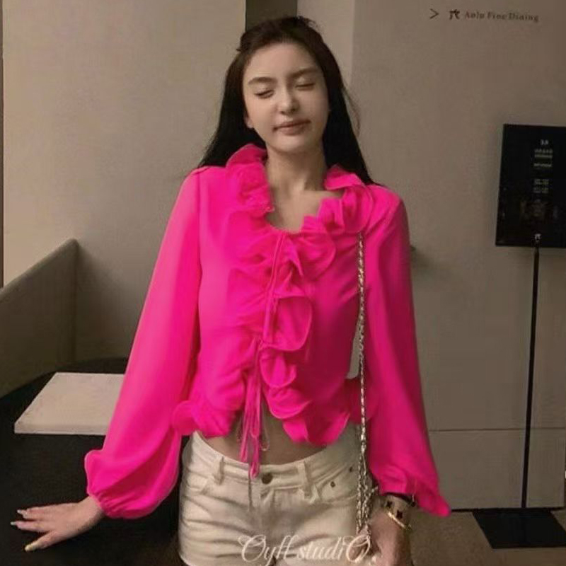 洋氣炸街減齡荷葉邊系帶襯衫女2024秋季新款法式氣質寬松顯瘦上衣