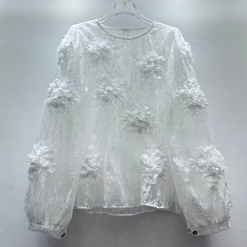 歐貨精致浪漫透視蕾絲立體花朵上衣女氣質