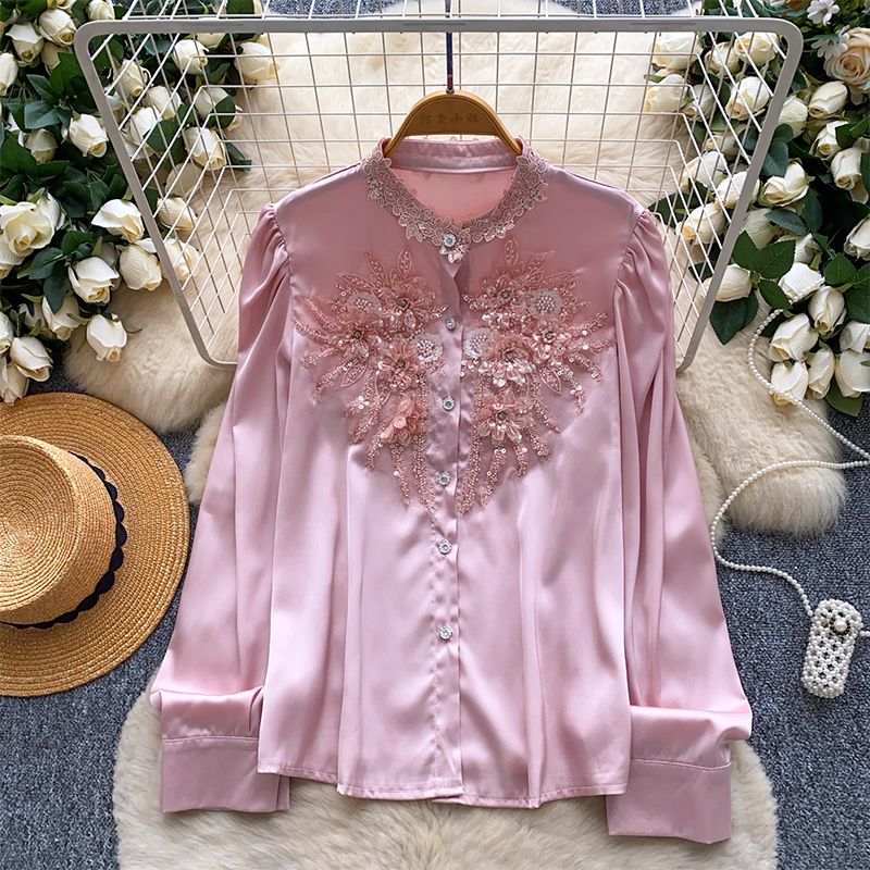 法式輕奢重工釘珠刺繡花朵ol襯衫女設計感百搭休閑鑲鉆襯衣