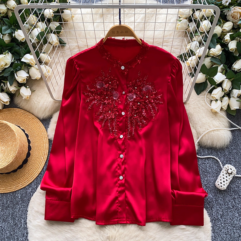 法式輕奢重工釘珠刺繡花朵ol襯衫女設計感百搭休閑鑲鉆襯衣