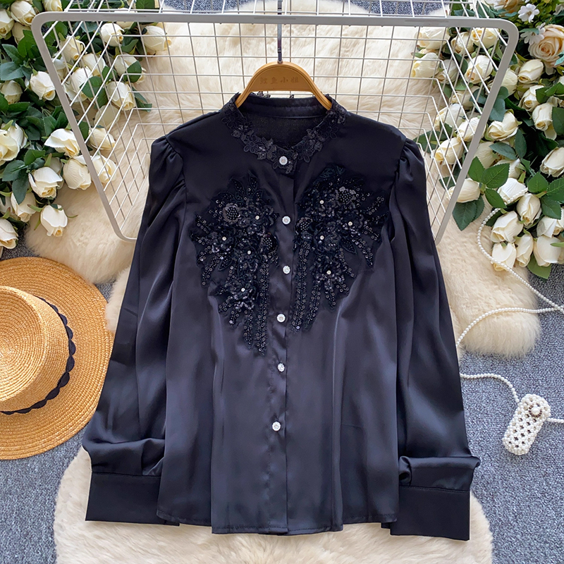 法式輕奢重工釘珠刺繡花朵ol襯衫女設計感百搭休閑鑲鉆襯衣