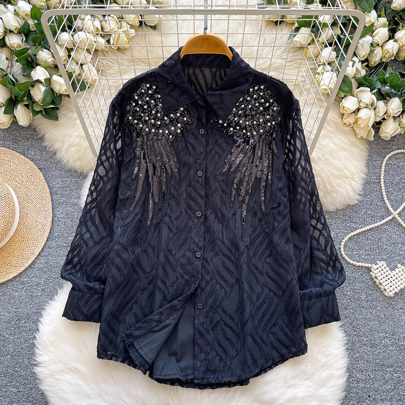 法式重工釘鉆亮片刺繡襯衫女2025秋季高級感百搭顯瘦休閑開衫上衣