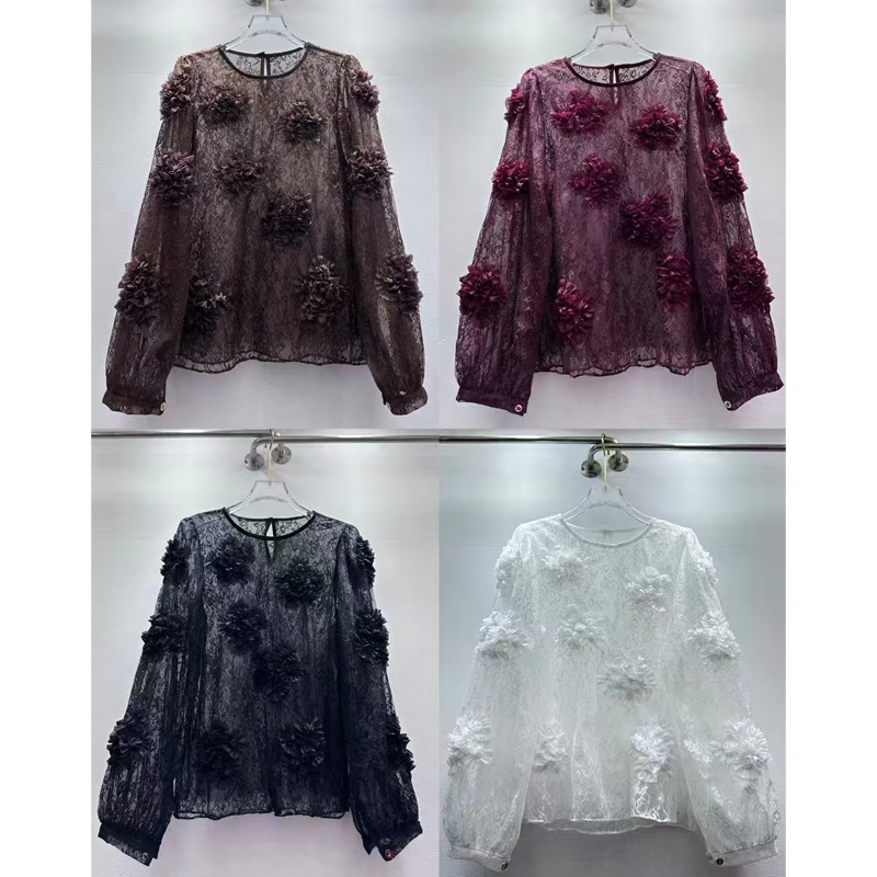 歐貨精致浪漫透視蕾絲立體花朵上衣女氣質