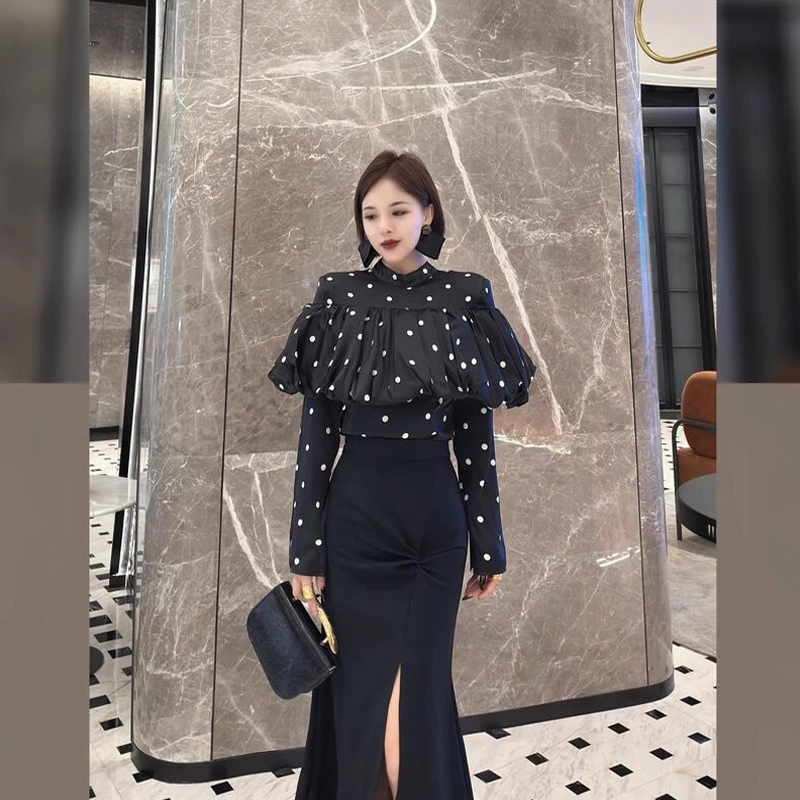 新款法式氣質高級感黑白波點荷葉邊高腰顯瘦修身襯衫