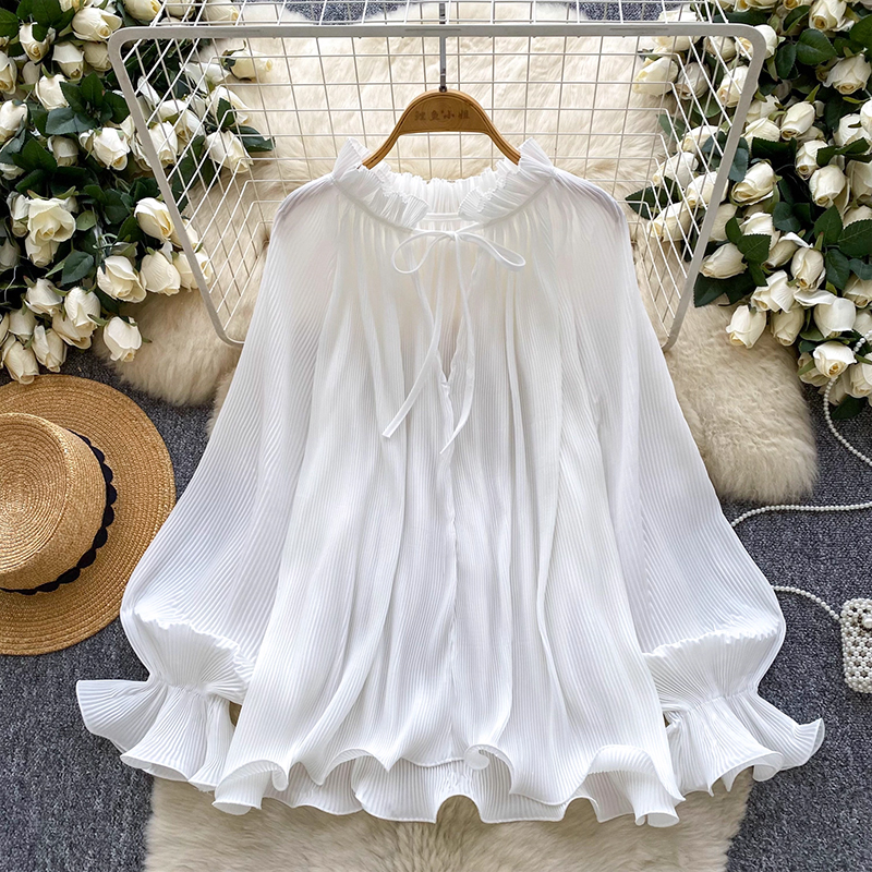 溫柔風氣質喇叭袖壓褶襯衫女2025秋季法式寬松顯瘦休閑荷葉邊上衣