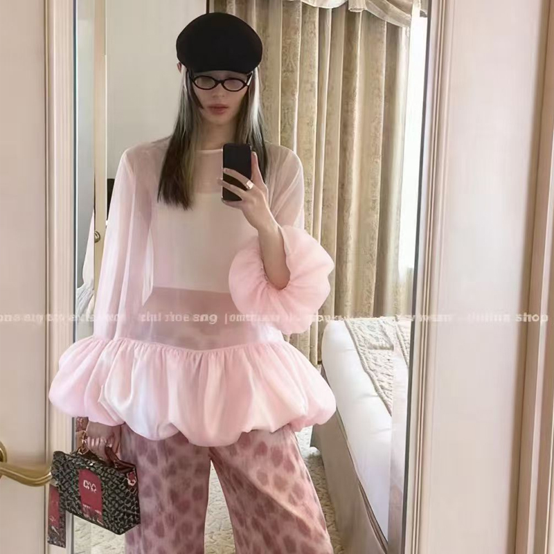 法式鹽系氣質高級感上衣女喇叭袖長袖時尚甜美法式花邊韓版上衣