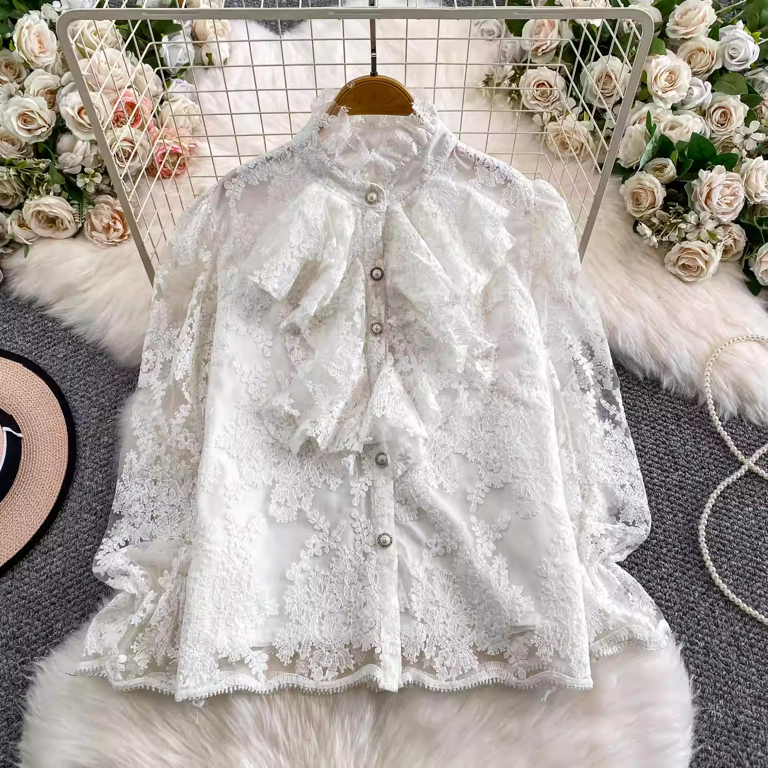 法式溫柔風重工網紗刺繡立領襯衫女秋冬襯衣洋氣名媛寬松顯瘦上衣