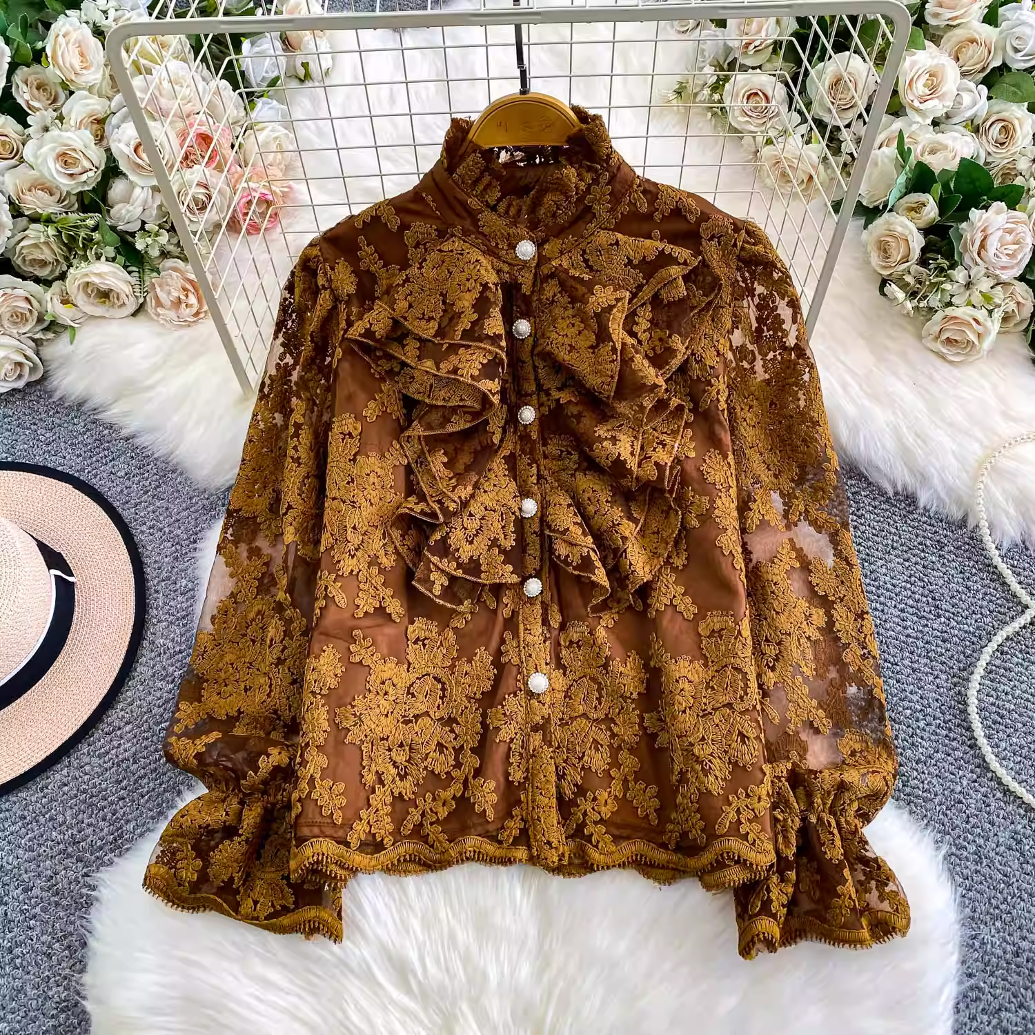 法式溫柔風重工網紗刺繡立領襯衫女秋冬襯衣洋氣名媛寬松顯瘦上衣