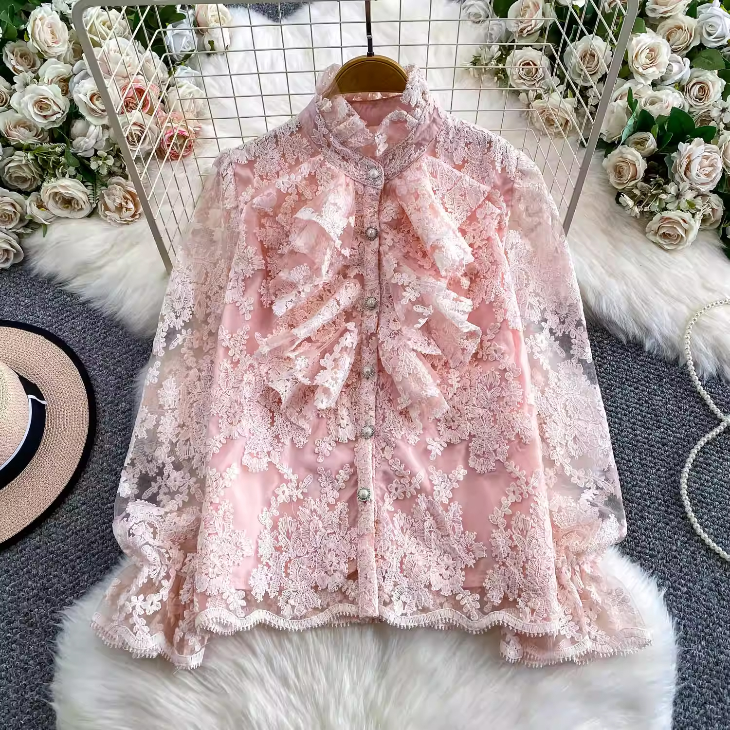 法式溫柔風重工網紗刺繡立領襯衫女秋冬襯衣洋氣名媛寬松顯瘦上衣