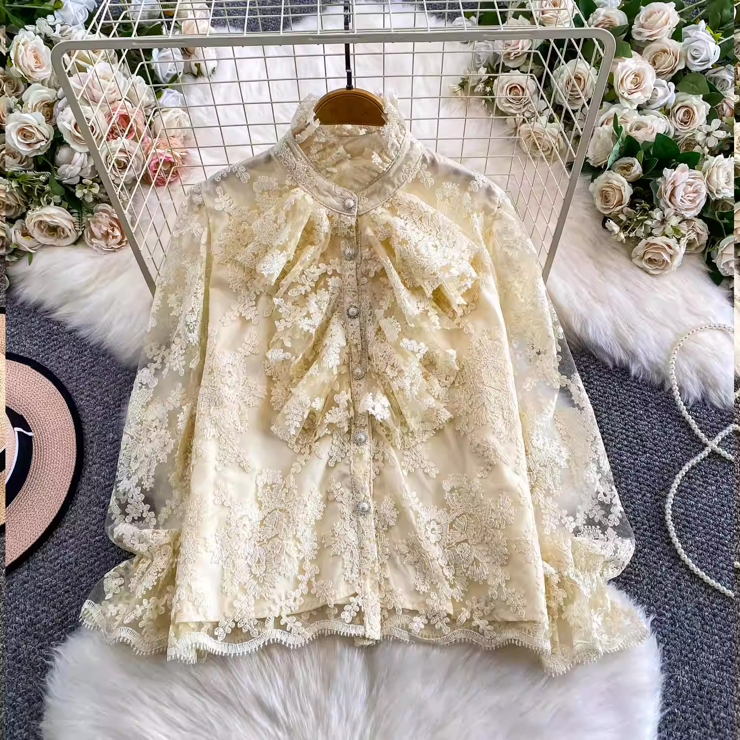 法式溫柔風重工網紗刺繡立領襯衫女秋冬襯衣洋氣名媛寬松顯瘦上衣