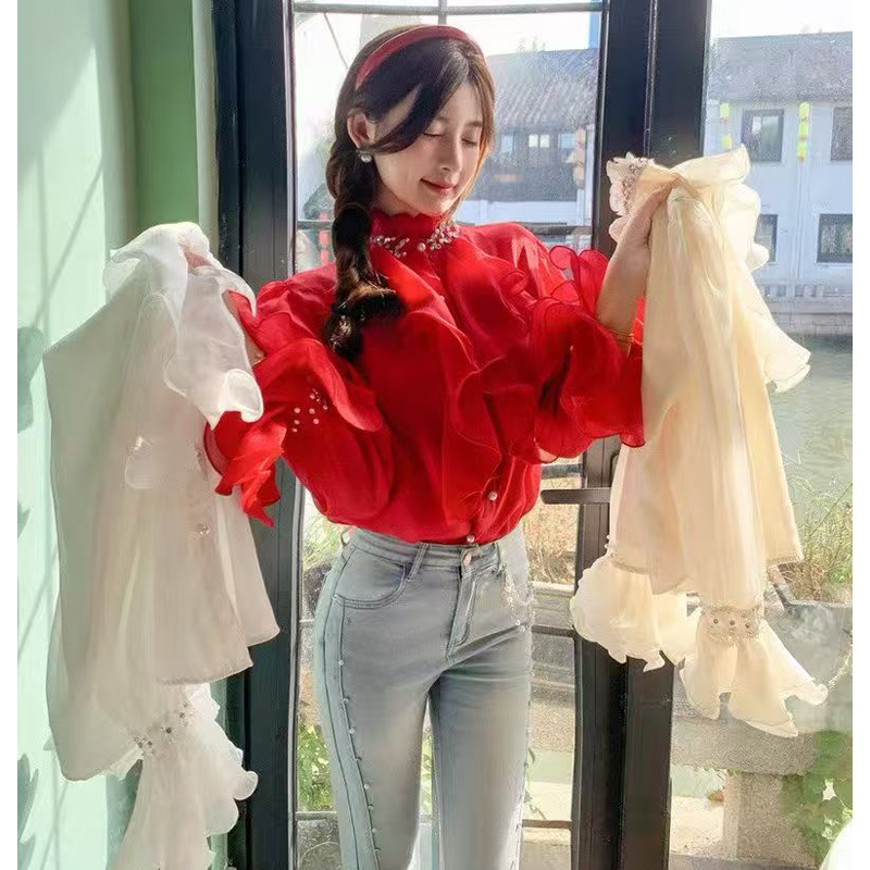 法式重工鑲鉆釘珠立領喇叭袖開衫襯衣女百搭別致荷葉邊拼接襯衫女
