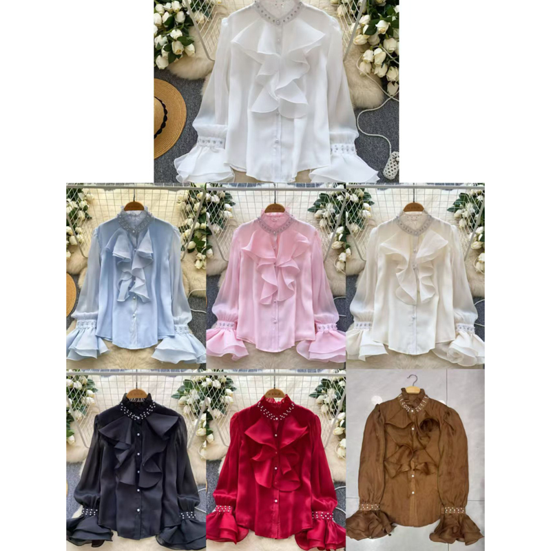 法式重工鑲鉆釘珠立領喇叭袖開衫襯衣女百搭別致荷葉邊拼接襯衫女