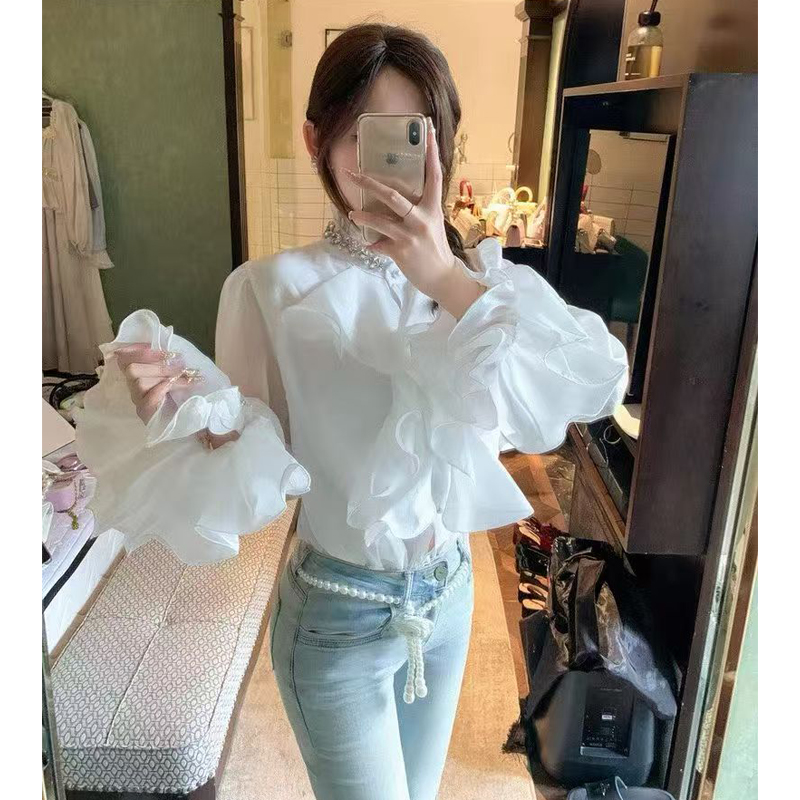 法式重工鑲鉆釘珠立領喇叭袖開衫襯衣女百搭別致荷葉邊拼接襯衫女