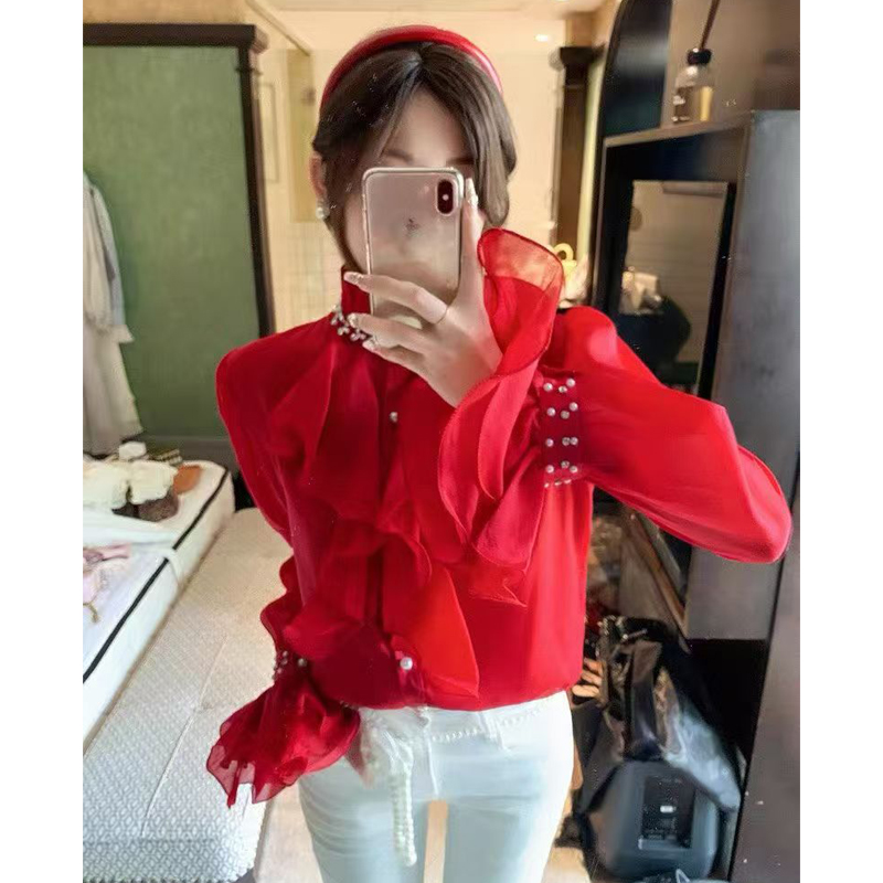 法式重工鑲鉆釘珠立領喇叭袖開衫襯衣女百搭別致荷葉邊拼接襯衫女