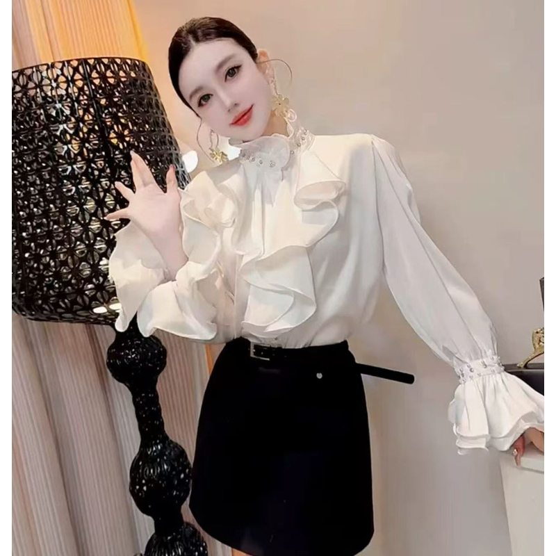 法式洋氣復古宮廷風襯衫女裝顯瘦氣質襯衣高級感減齡百搭釘珠上衣