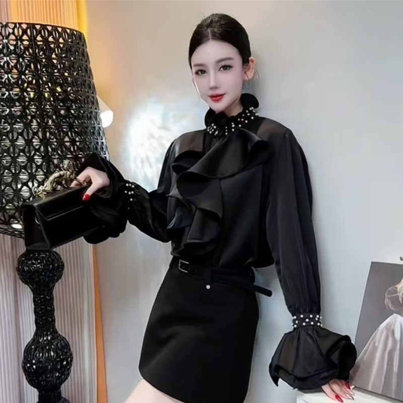 法式洋氣復古宮廷風襯衫女裝顯瘦氣質襯衣高級感減齡百搭釘珠上衣