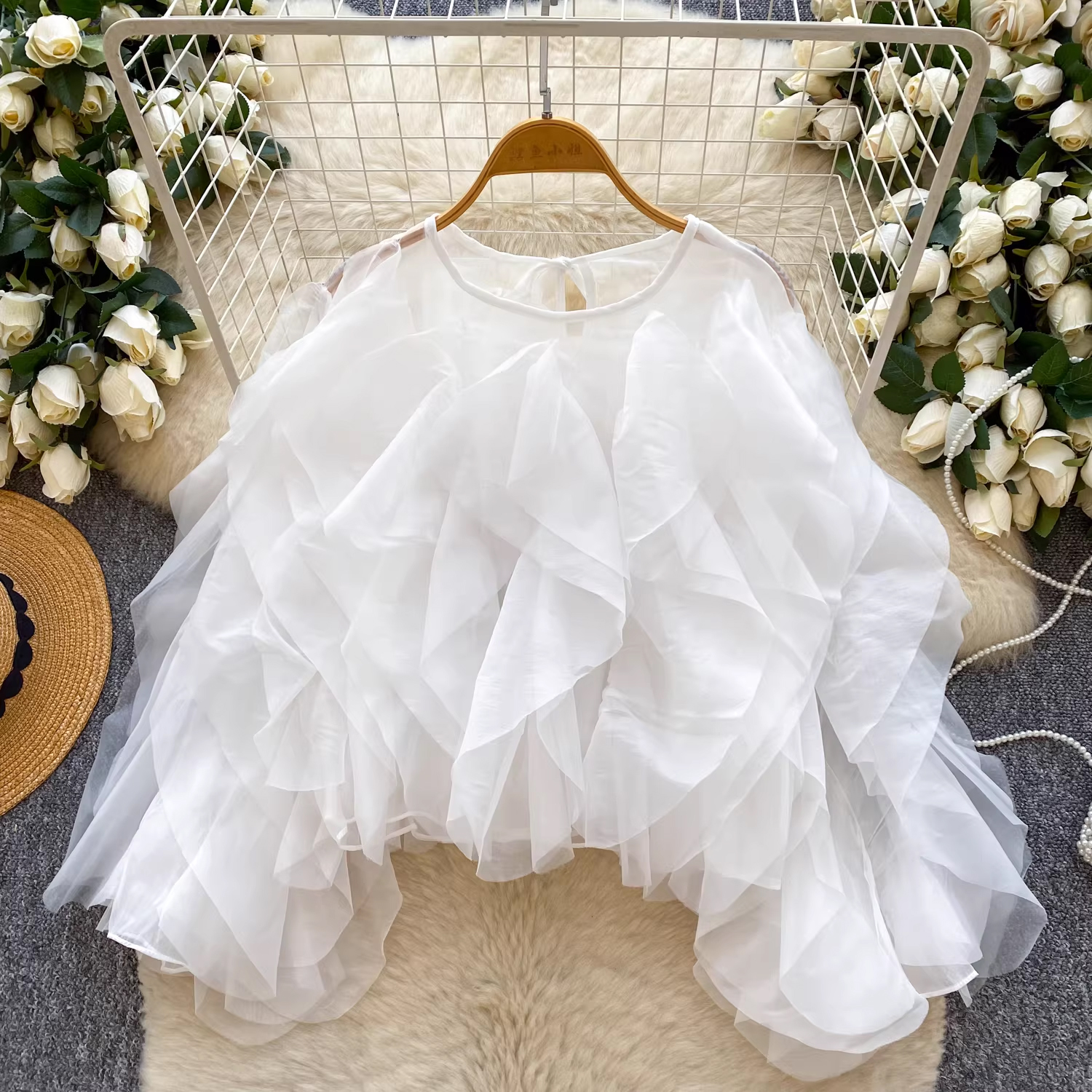 韓版荷葉邊通勤風甜美長袖襯衫女夏寬松顯瘦遮肉粉色雪紡上衣通勤