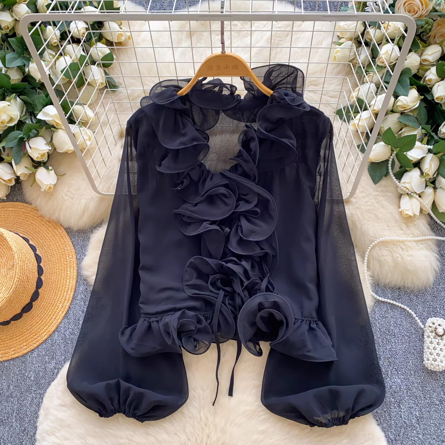 法式溫柔風氣質V領系帶荷葉邊拼接長袖雪紡衫女秋季洋氣別致上衣