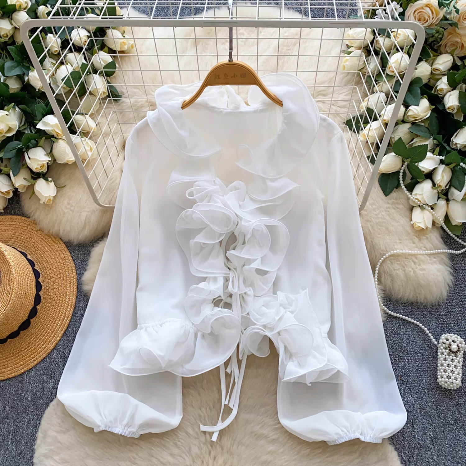 法式溫柔風氣質V領系帶荷葉邊拼接長袖雪紡衫女秋季洋氣別致上衣